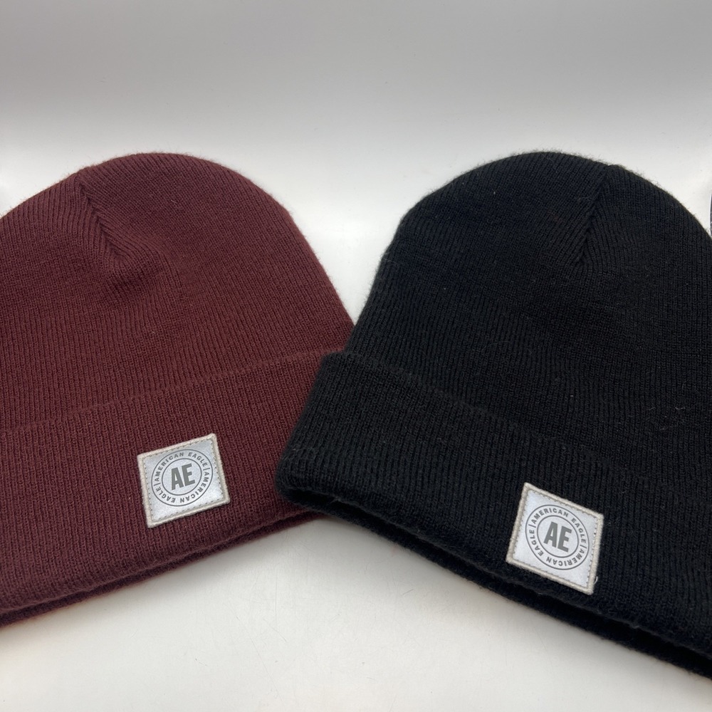 American Eagle Workwear Beanie Hat Lot 2pc Black Burgundy Metallic Logo Unisex